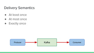 Delivery Semantics
● At least once
● At most once
● Exactly once
KafkaProducer Consumer
 