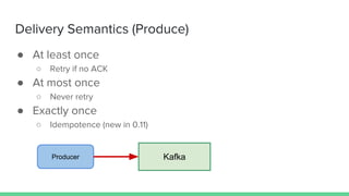 Delivery Semantics (Produce)
● At least once
○ Retry if no ACK
● At most once
○ Never retry
● Exactly once
○ Idempotence (new in 0.11)
KafkaProducer
 