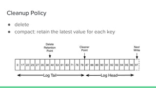 Cleanup Policy
● delete
● compact: retain the latest value for each key
 