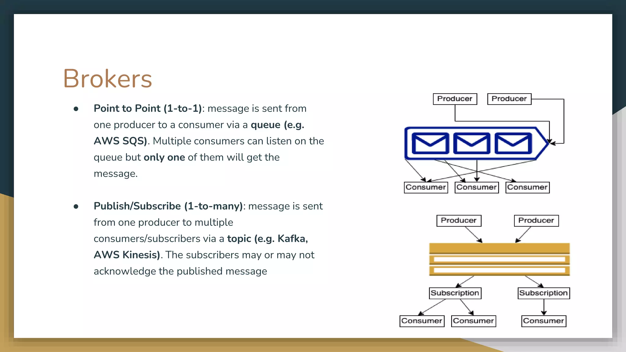Brokers
● Point to Point (1-to-1): message is sent from
one producer to a consumer via a queue (e.g.
AWS SQS). Multiple consumers can listen on the
queue but only one of them will get the
message.
● Publish/Subscribe (1-to-many): message is sent
from one producer to multiple
consumers/subscribers via a topic (e.g. Kafka,
AWS Kinesis). The subscribers may or may not
acknowledge the published message
 