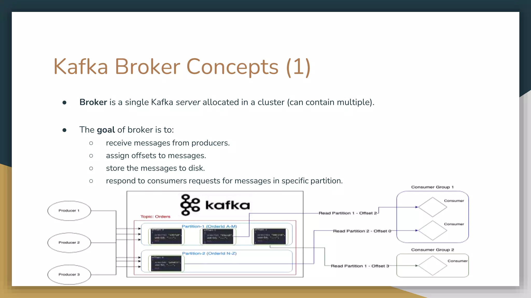 Kafka Broker Concepts (1)
● Broker is a single Kafka server allocated in a cluster (can contain multiple).
● The goal of broker is to:
○ receive messages from producers.
○ assign offsets to messages.
○ store the messages to disk.
○ respond to consumers requests for messages in specific partition.
 