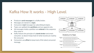 Kafka How It works - High Level
● Producers send messages to a Kafka broker.
● Messages are stored in a topic.
● Consumers read messages by subscribing to topics.
● Topics are splitted into partitions and are append-only.
● All messages inside a partition are ordered in the sequence
they came in.
● Kafka follows the principle of a dumb broker and smart
consumer, as doesn’t keep track of what records are read by
the consumer.
● Consumers use offset to keep track of the latest consumed
message.
 