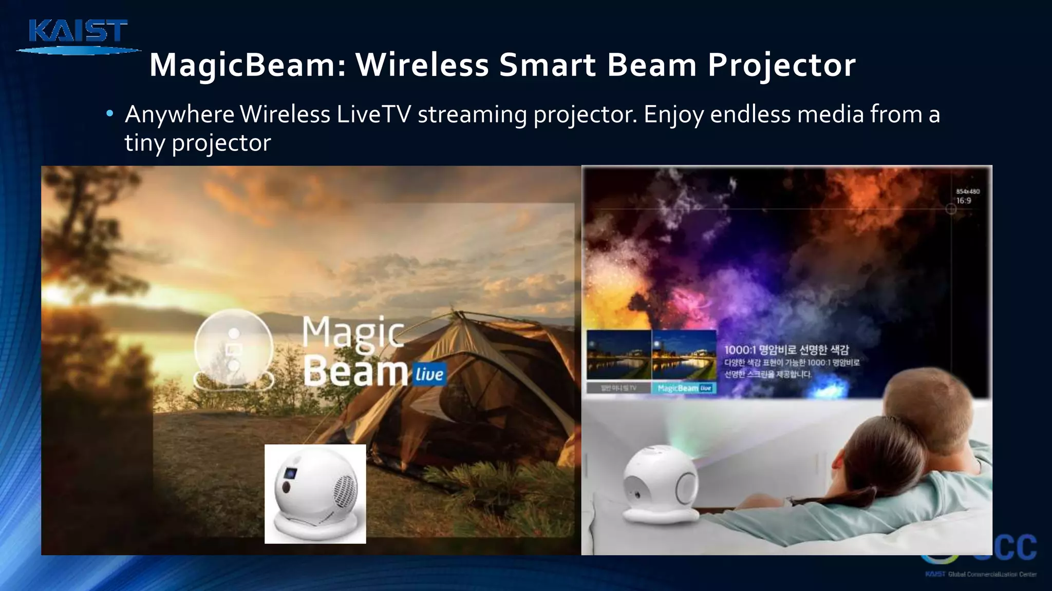 MagicBeam: Wireless Smart Beam Projector
• Anywhere Wireless LiveTV streaming projector. Enjoy endless media from a
tiny projector
 