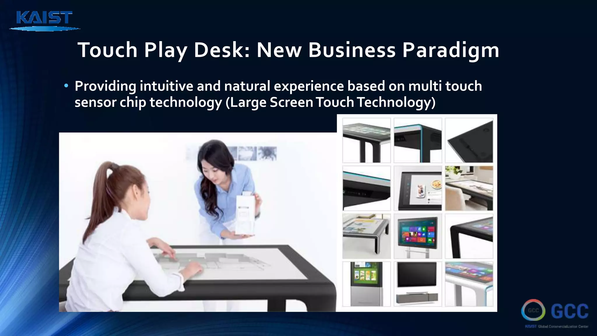 Touch Play Desk: New Business Paradigm
• Providing intuitive and natural experience based on multi touch
sensor chip technology (Large ScreenTouchTechnology)
 