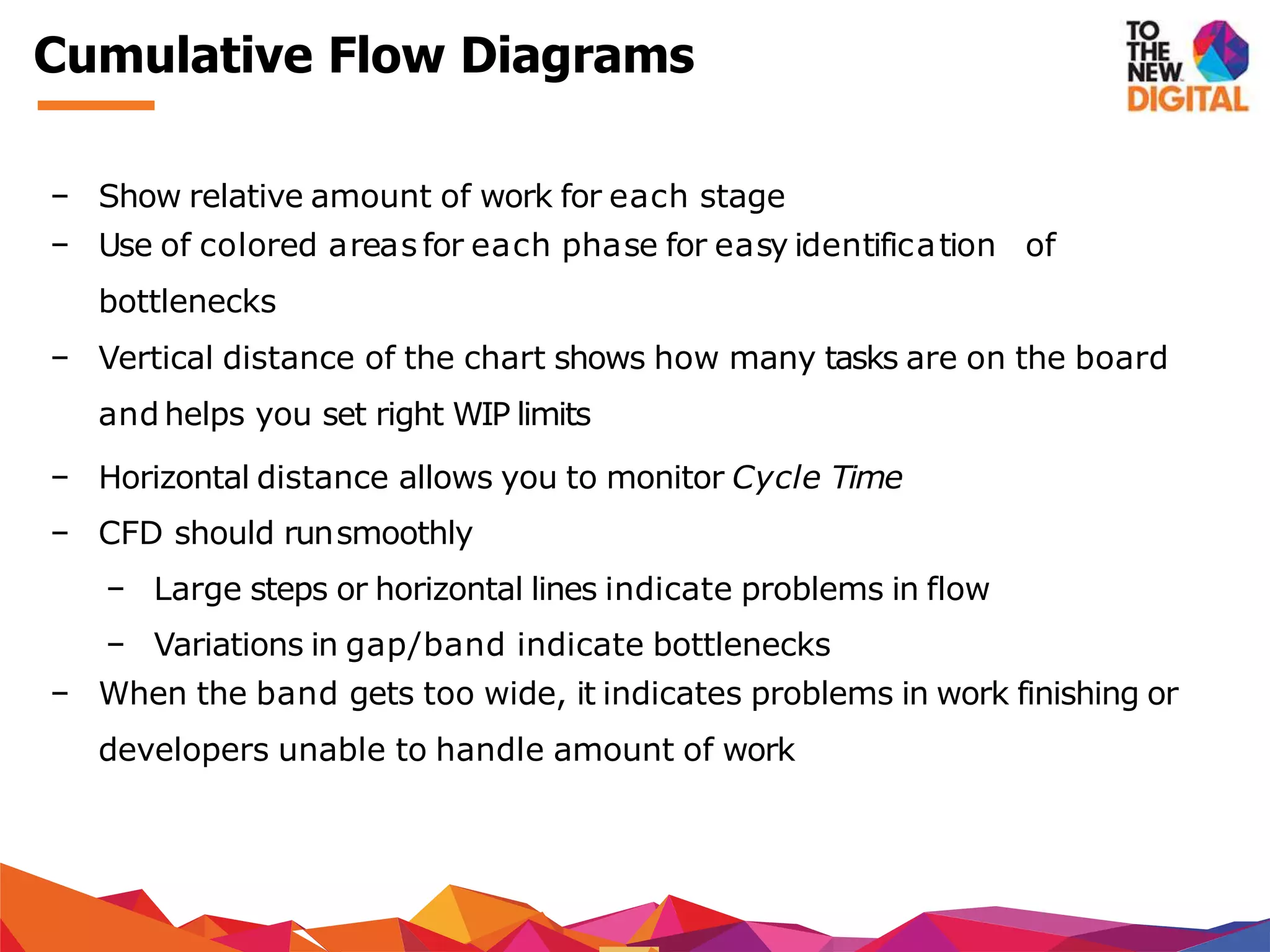 − Show relative amount of work for each stage
− Use of colored areas for each phase for easy identification of
bottlenecks
− Vertical distance of the chart shows how many tasks are on the board
and helps you set right WIP limits
− Horizontal distance allows you to monitor Cycle Time
− CFD should runsmoothly
− Large steps or horizontal lines indicate problems in flow
− Variations in gap/band indicate bottlenecks
− When the band gets too wide, it indicates problems in work finishing or
developers unable to handle amount of work
Cumulative Flow Diagrams
 