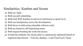 Similarities: Kanban and Scrum
❏ Both are Agile.
❏ Both use pull scheduling.
❏ Both limit WIP, Kanban at task level and Scrum at sprint level.
❏ Both use transparency across the development.
❏ Both focus on delivering releasable software early.
❏ Both are based on self-organizing teams.
❏ Both require breaking the work into pieces.
❏ In both the methods, the release plan is continuously optimized based on
empirical data (Scrum – Velocity, Kanban - Lead Time/Cycle Time).
 