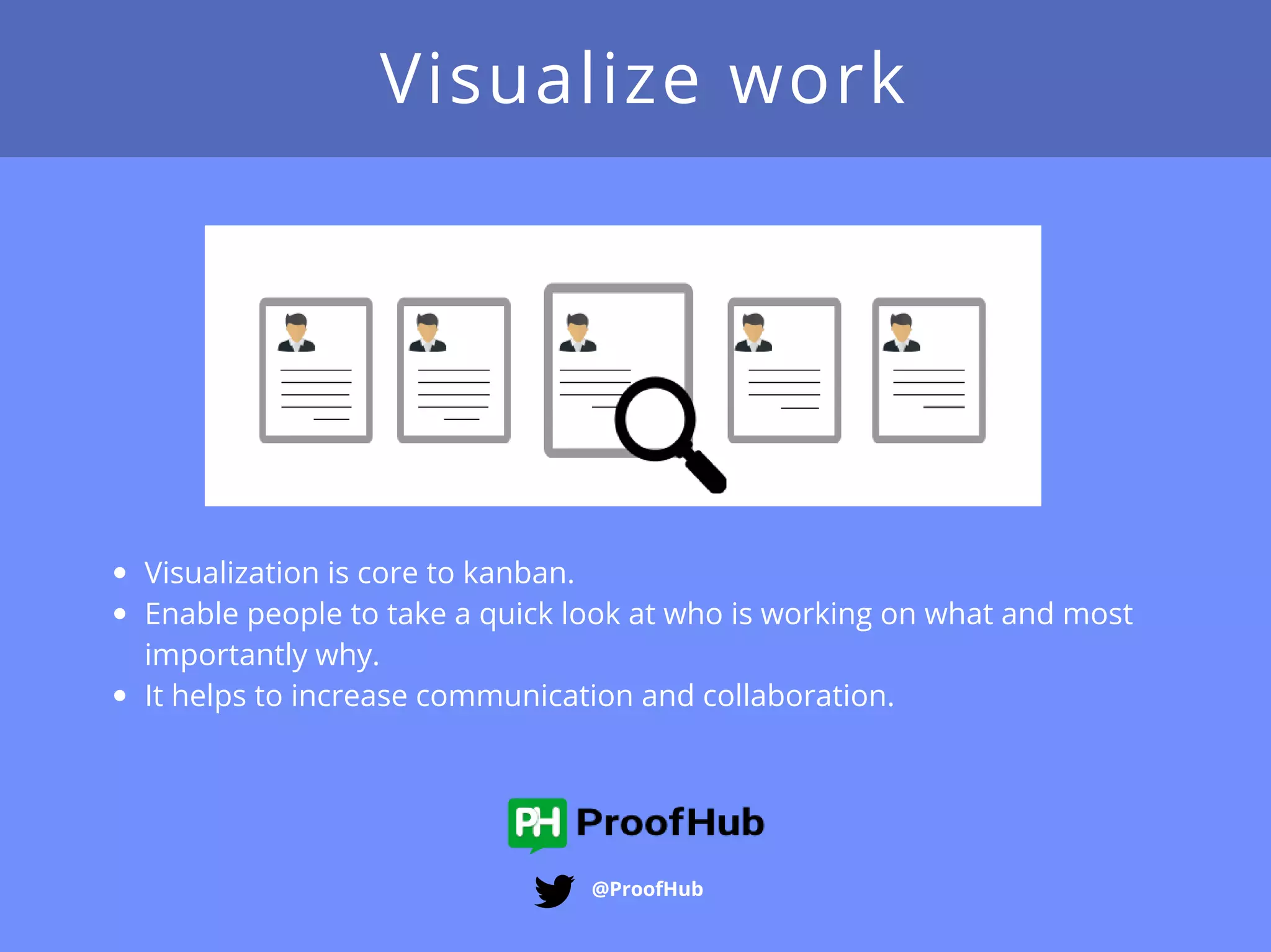 Visualize work
@ProofHub
Visualization is core to kanban.
Enable people to take a quick look at who is working on what and most
importantly why.
It helps to increase communication and collaboration.
 