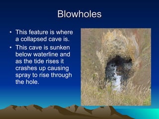 Blowholes This feature is where a collapsed cave is. This cave is sunken below waterline and as the tide rises it crashes up causing spray to rise through the hole. 