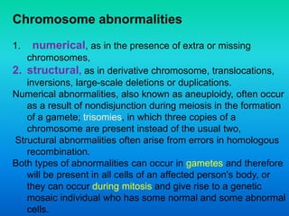 Chromosome abnormalities
1. numerical, as in the presence of extra or missing
chromosomes,
2. structural, as in derivative chromosome, translocations,
inversions, large-scale deletions or duplications.
Numerical abnormalities, also known as aneuploidy, often occur
as a result of nondisjunction during meiosis in the formation
of a gamete; trisomies, in which three copies of a
chromosome are present instead of the usual two,
Structural abnormalities often arise from errors in homologous
recombination.
Both types of abnormalities can occur in gametes and therefore
will be present in all cells of an affected person's body, or
they can occur during mitosis and give rise to a genetic
mosaic individual who has some normal and some abnormal
cells.
 