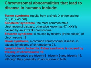 Chromosomal abnormalities that lead to
disease in humans include:
Turner syndrome results from a single X chromosome
(45, X or 45, X0).
Klinefelter syndrome, the most common male
chromosomal disease, otherwise known as 47, XXY is
caused by an extra X chromosome.
Edwards syndrome is caused by trisomy (three copies) of
chromosome 18.
Down syndrome, a common chromosomal disease, is
caused by trisomy of chromosome 21.
lymphoblastic leukemia. Patau syndrome is caused by
trisomy of chromosome 13.
Also documented are trisomy 8, trisomy 9 and trisomy 16,
although they generally do not survive to birth.
 