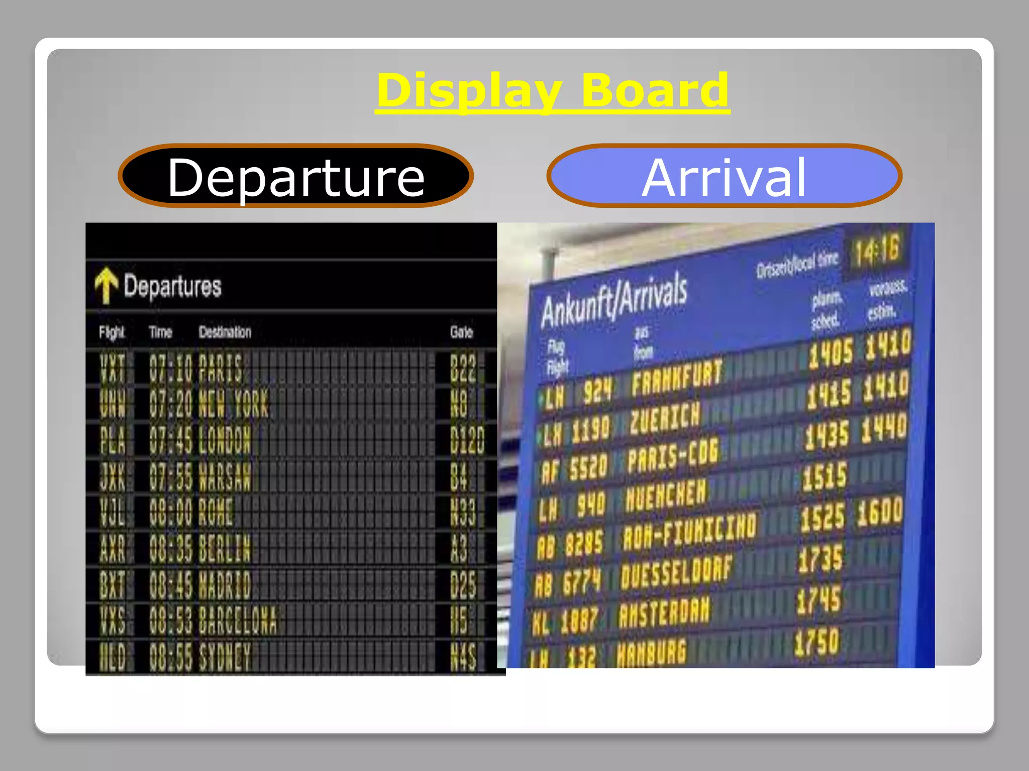 Display Board
Departure       Arrival
 