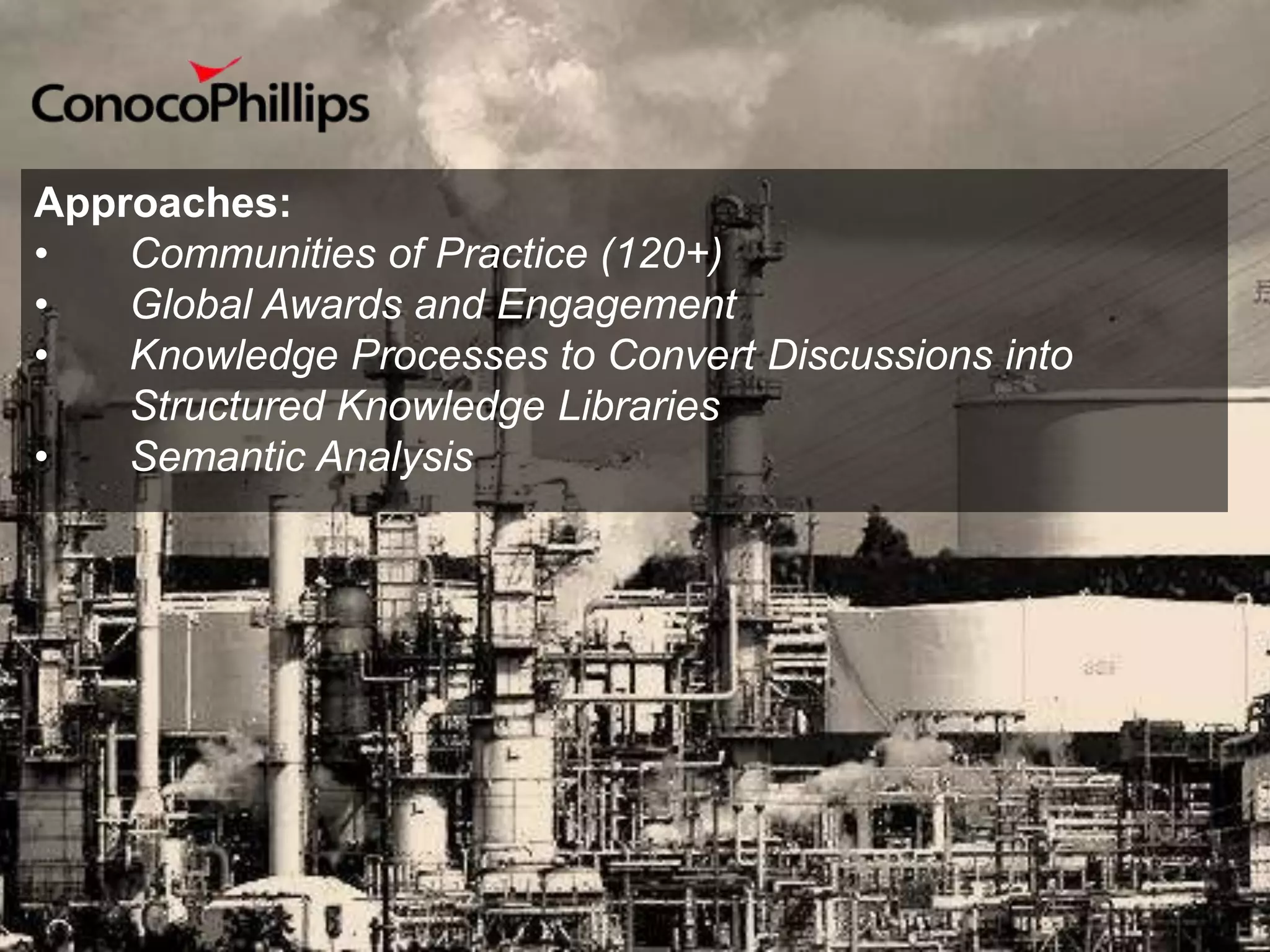 Approaches:
•   Communities of Practice (120+)
•   Global Awards and Engagement
•   Knowledge Processes to Convert Discussions into
    Structured Knowledge Libraries
•   Semantic Analysis
 