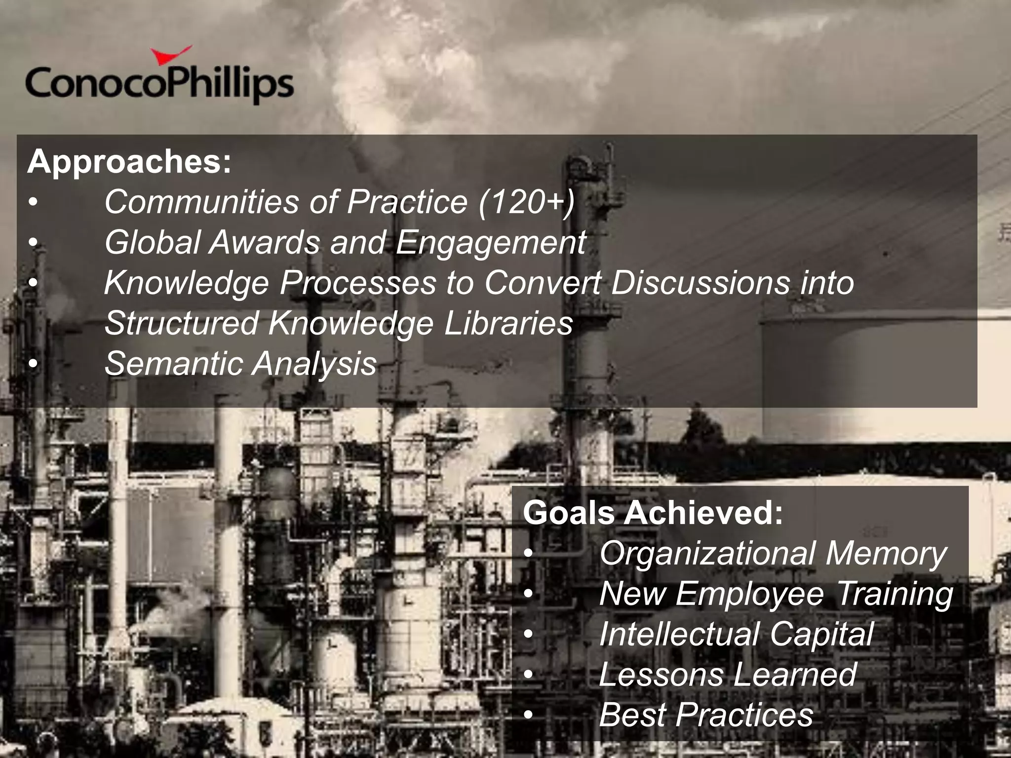 Approaches:
•   Communities of Practice (120+)
•   Global Awards and Engagement
•   Knowledge Processes to Convert Discussions into
    Structured Knowledge Libraries
•   Semantic Analysis



                              Goals Achieved:
                              •   Organizational Memory
                              •   New Employee Training
                              •   Intellectual Capital
                              •   Lessons Learned
                              •   Best Practices
 