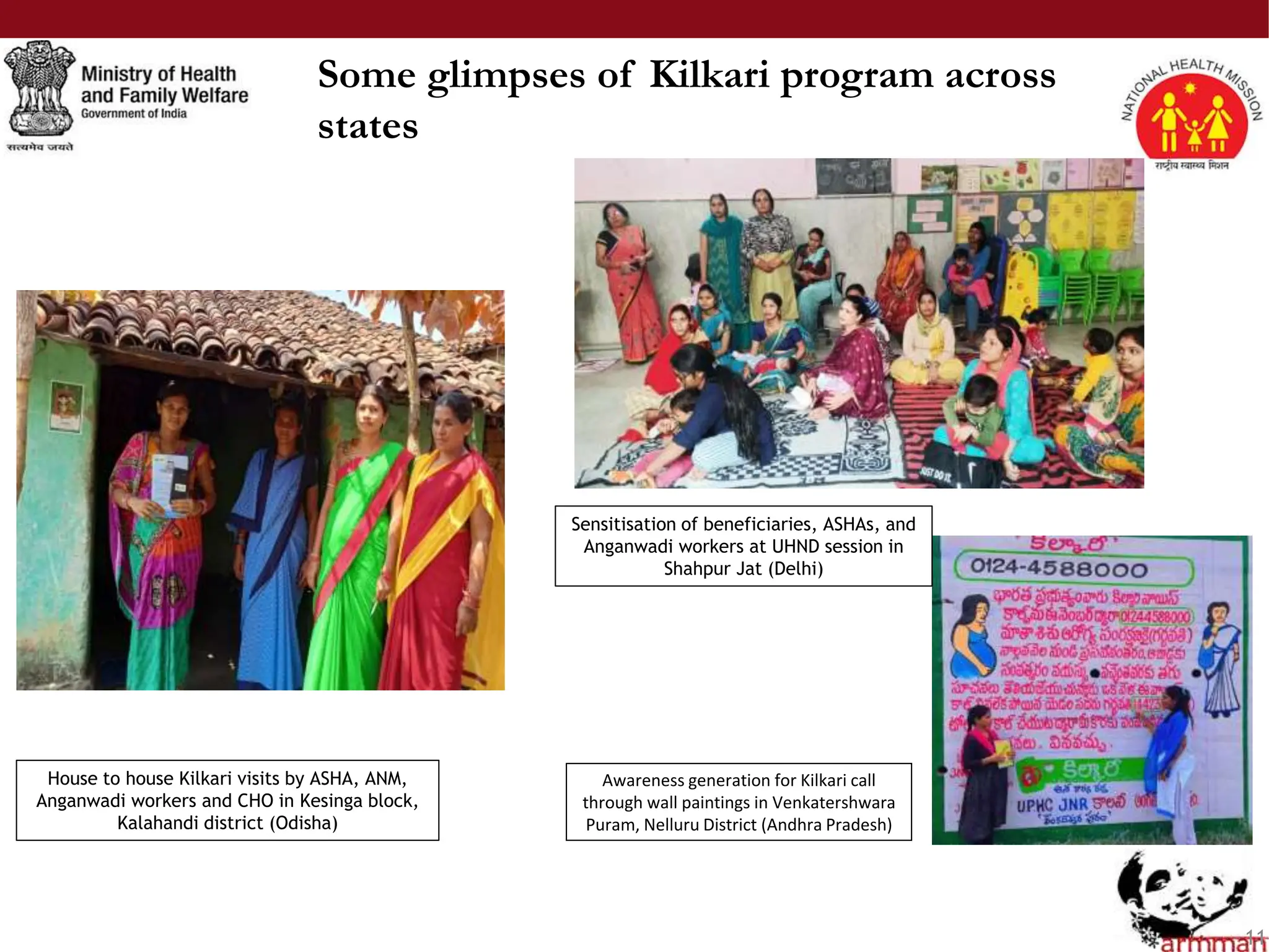 Some glimpses of Kilkari program across
states
11
House to house Kilkari visits by ASHA, ANM,
Anganwadi workers and CHO in Kesinga block,
Kalahandi district (Odisha)
Sensitisation of beneficiaries, ASHAs, and
Anganwadi workers at UHND session in
Shahpur Jat (Delhi)
Awareness generation for Kilkari call
through wall paintings in Venkatershwara
Puram, Nelluru District (Andhra Pradesh)
 