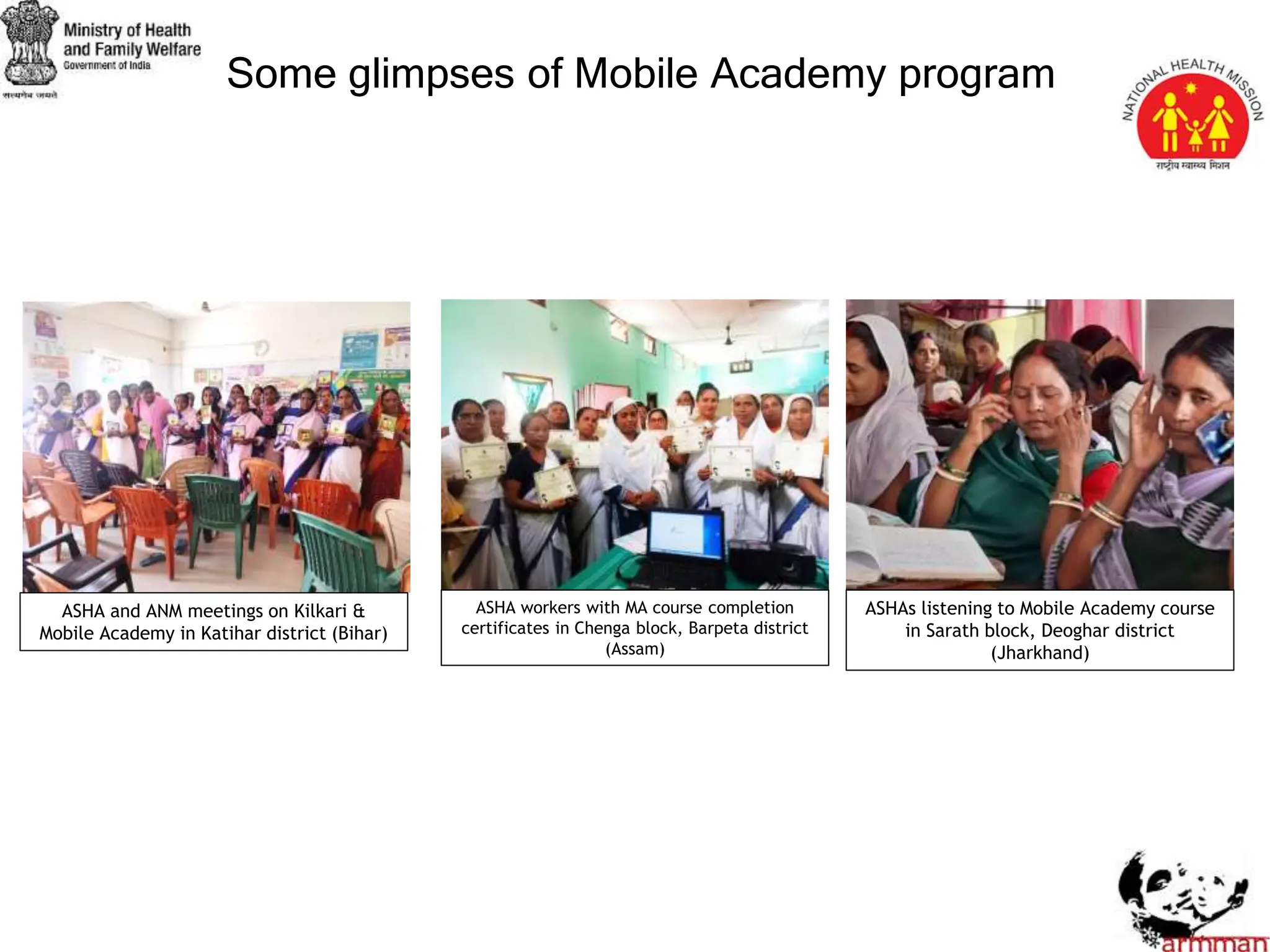 Some glimpses of Mobile Academy program
ASHA and ANM meetings on Kilkari &
Mobile Academy in Katihar district (Bihar)
ASHA workers with MA course completion
certificates in Chenga block, Barpeta district
(Assam)
ASHAs listening to Mobile Academy course
in Sarath block, Deoghar district
(Jharkhand)
 