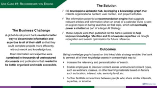 SLIDE WITH CIRCLE PHOTO
The Business Challenge
A global development bank needed a better
way to disseminate information and
expertise to all of their staff so that they
could complete projects more efficiently,
without rework and knowledge loss.
Their information and expertise were
contained in thousands of unstructured
documents and publications that needed to
be better organized and made accessible.
The Solution
ü EK developed a semantic hub, leveraging a knowledge graph that
collects organizational content, user context, and project activities.
ü The information powered a recommendation engine that suggests
relevant articles and information when an email or a calendar invite is sent
on a given topic or during searches on that topic, which will eventually
power a chatbot as part of a larger AI Strategy.
ü These outputs were then published on the bank’s website to help
improve knowledge retention and to showcase expertise via Google
recognition and search optimization for future reference.
Outcomes
Using knowledge graphs based on this linked data strategy enabled the bank
to connect all of their knowledge assets in a meaningful way to:
§ Increase the relevancy and personalization of search.
§ Enable employees to discover content across unstructured content types,
such as webinars, classes, or other learning materials based on factors
such as location, interest, role, seniority level, etc.
§ Further facilitate connections between people who share similar interests,
expertise, or location.
@EKCONSULTING
USE CASE #1: RECOMMENDATION ENGINE
 