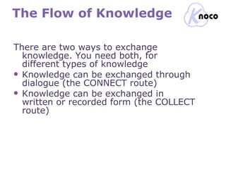 The Flow of Knowledge There are two ways to exchange knowledge. You need both, for different types of knowledge  Knowledge can be exchanged through dialogue (the CONNECT route) Knowledge can be exchanged in written or recorded form (the COLLECT route) 