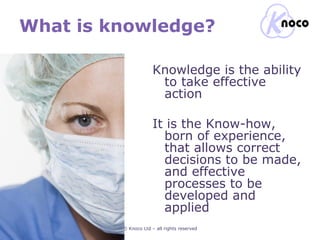 What is knowledge? © Knoco Ltd – all rights reserved Knowledge is the ability to take effective action It is the Know-how, born of experience, that allows correct decisions to be made, and effective processes to be developed and applied 