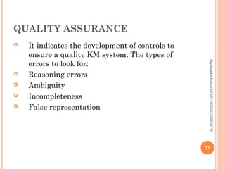 QUALITY ASSURANCE






Niyitegeka Bosco 0785726750/0728826750



It indicates the development of controls to
ensure a quality KM system. The types of
errors to look for:
Reasoning errors
Ambiguity
Incompleteness
False representation

27

 