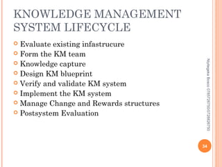 KNOWLEDGE MANAGEMENT
SYSTEM LIFECYCLE
Evaluate existing infastrucure
 Form the KM team
 Knowledge capture
 Design KM blueprint
 Verify and validate KM system
 Implement the KM system
 Manage Change and Rewards structures
 Postsystem Evaluation


Niyitegeka Bosco 0785726750/0728826750

34

 