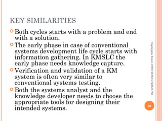 KEY SIMILARITIES
 Both

Niyitegeka Bosco 0785726750/0728826750

cycles starts with a problem and end
with a solution.
 The early phase in case of conventional
systems development life cycle starts with
information gathering. In KMSLC the
early phase needs knowledge capture.
 Verification and validation of a KM
system is often very similar to
conventional systems testing.
 Both the systems analyst and the
knowledge developer needs to choose the
appropriate tools for designing their
intended systems.

36

 
