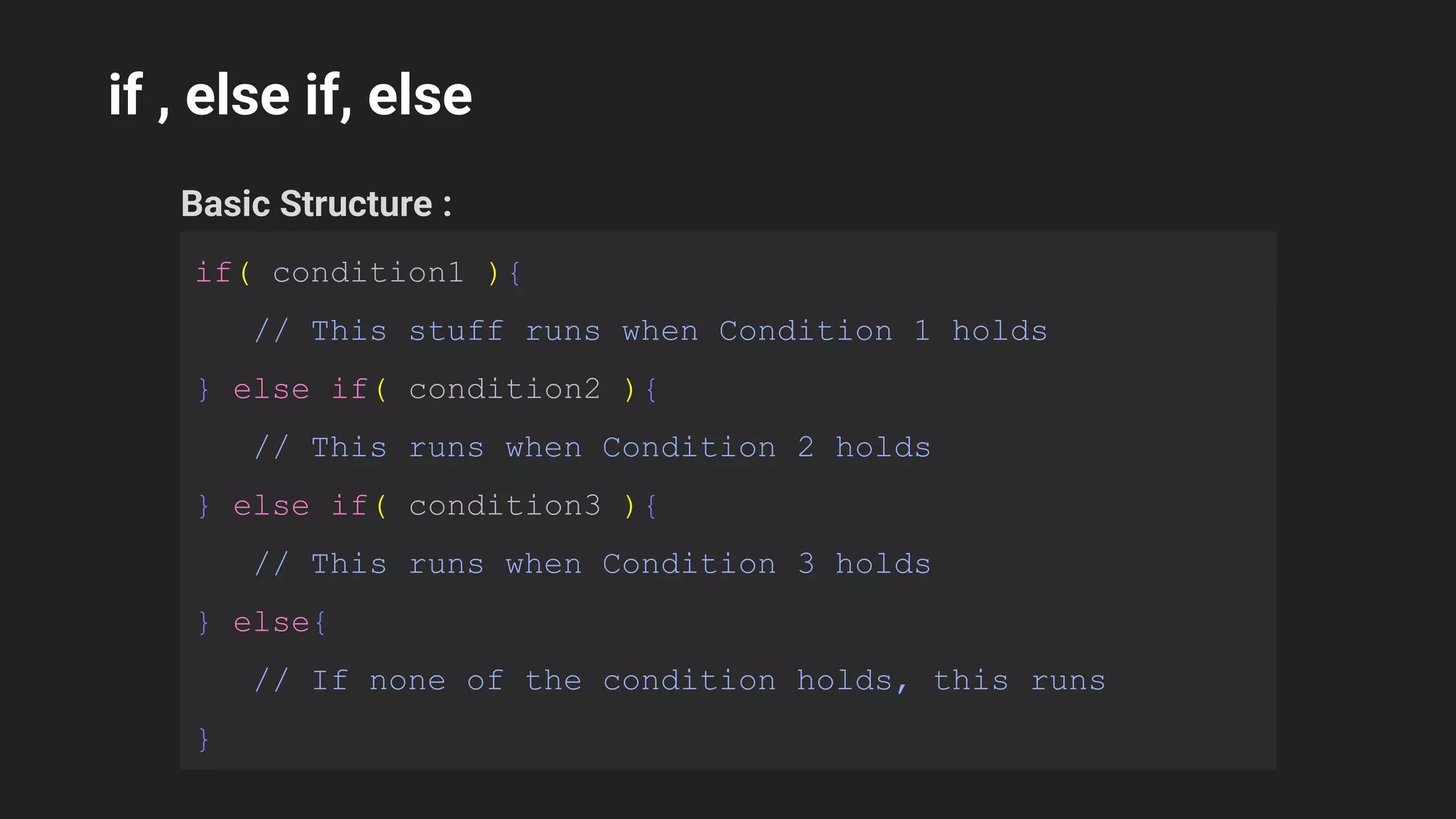if , else if, else
Basic Structure :
if( condition1 ){
// This stuff runs when Condition 1 holds
} else if( condition2 ){
// This runs when Condition 2 holds
} else if( condition3 ){
// This runs when Condition 3 holds
} else{
// If none of the condition holds, this runs
}
 
