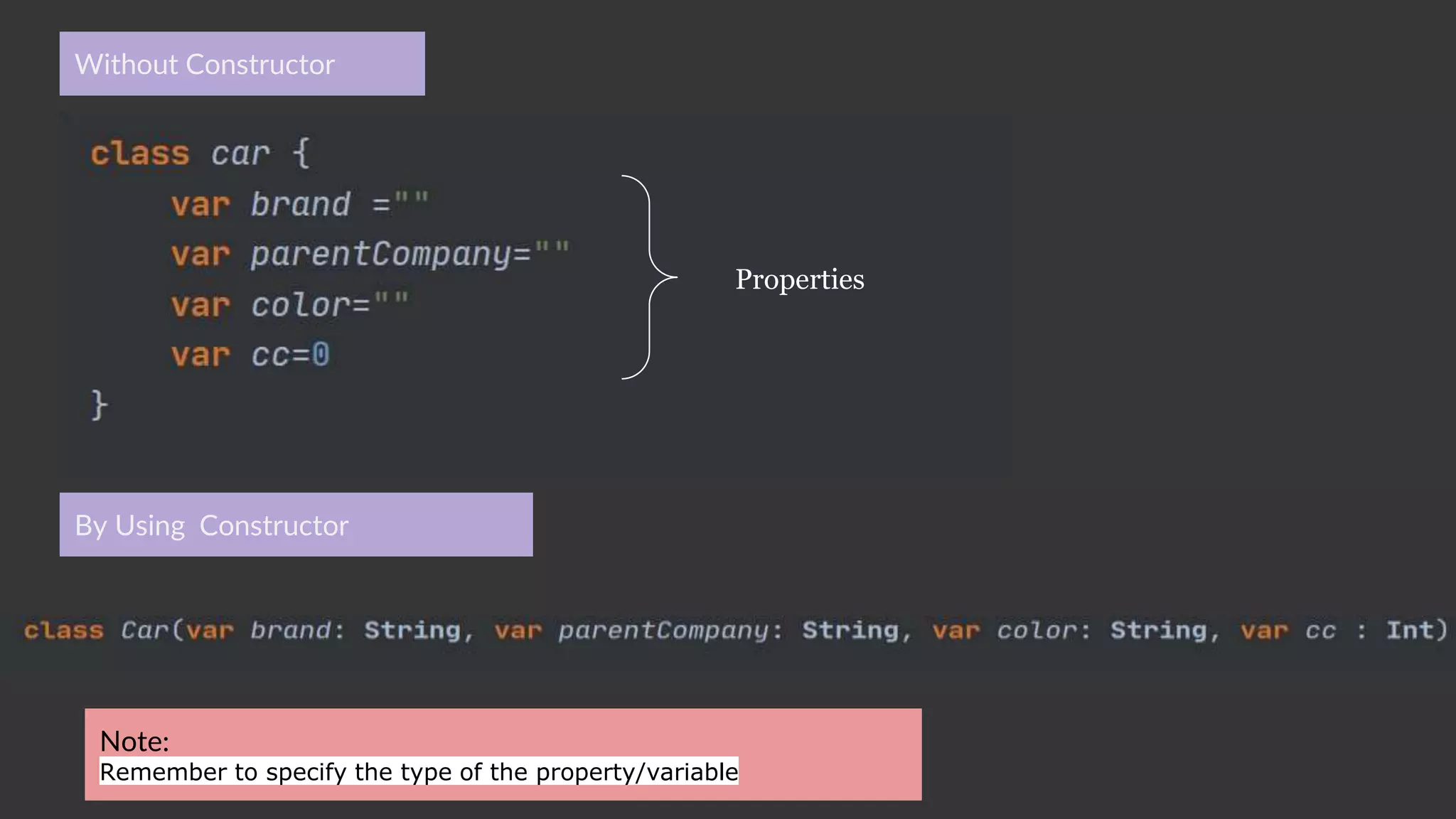 Without Constructor
By Using Constructor
Properties
Note:
Remember to specify the type of the property/variable
 