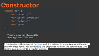 There is faster way of doing this
By using a CONSTRUCTOR
A constructor is like a special function, and it is defined by using two parantheses ()
after the class name. You can specify the properties inside of the parantheses (like
passing parameters into a regular function).
Constructor
 