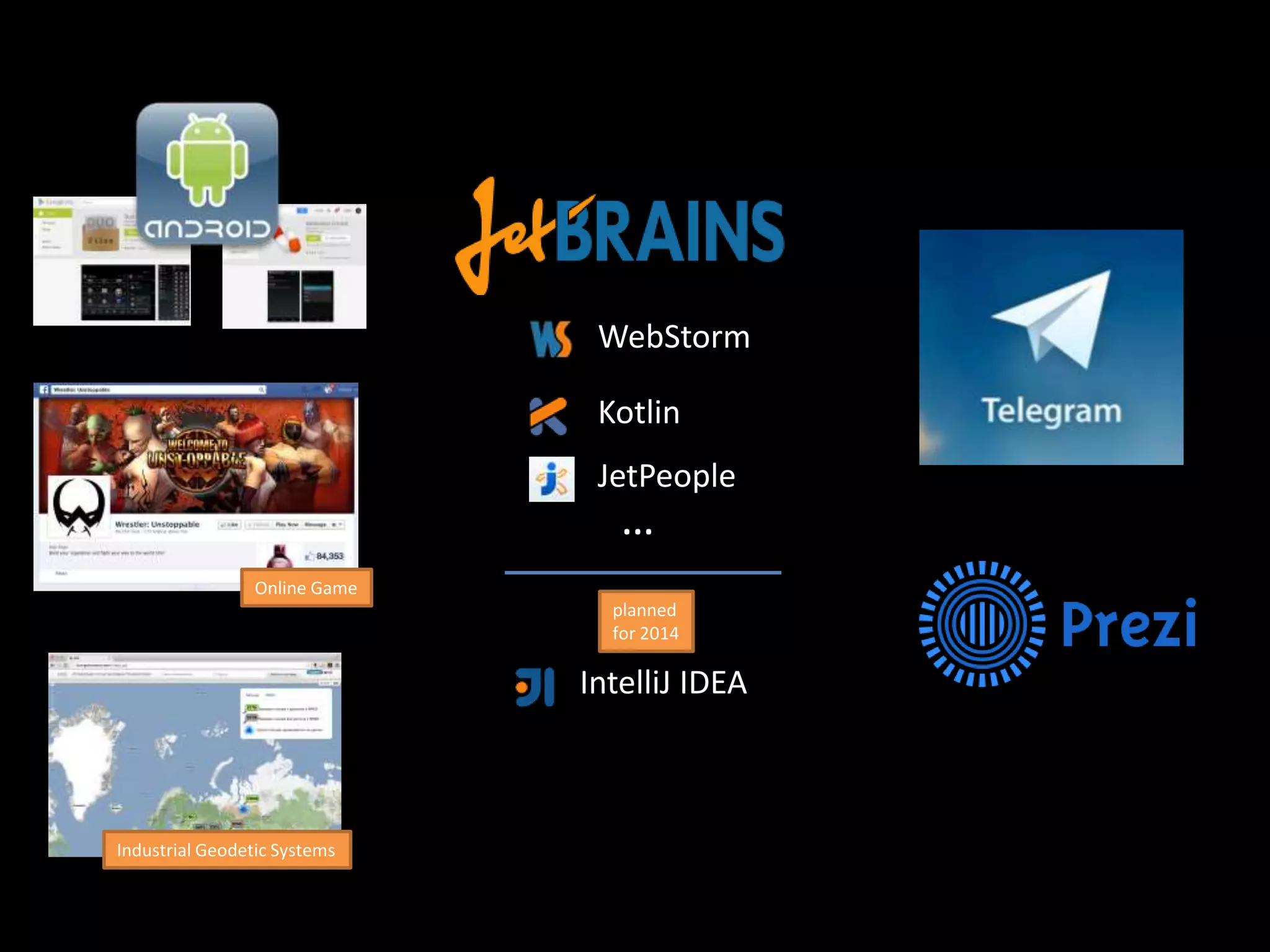 Industrial Geodetic Systems
Online Game
planned
for 2014
WebStorm
IntelliJ IDEA
Kotlin
JetPeople
…
 