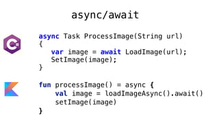 async Task ProcessImage(String url)
{
var image = await LoadImage(url);
SetImage(image);
}
fun processImage() = async {
val image = loadImageAsync().await()
setImage(image)
}
async/await
 