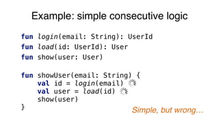 Example: simple consecutive logic
fun login(email: String): UserId
fun load(id: UserId): User
fun show(user: User)
fun showUser(email: String) {
val id = login(email)
val user = load(id)
show(user)
} Simple, but wrong…
 