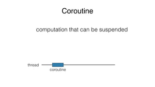 Coroutine
computation that can be suspended
thread
coroutine
 