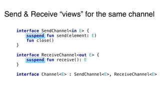 Send & Receive “views” for the same channel
interface SendChannel<in E> {
suspend fun send(element: E)
fun close()
}
interface ReceiveChannel<out E> {
suspend fun receive(): E
}
interface Channel<E> : SendChannel<E>, ReceiveChannel<E>
 