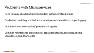 Confidential & ProprietaryGoogle Cloud Platform 10
Problems with Microservices
Need to worry about multiple independent sy...