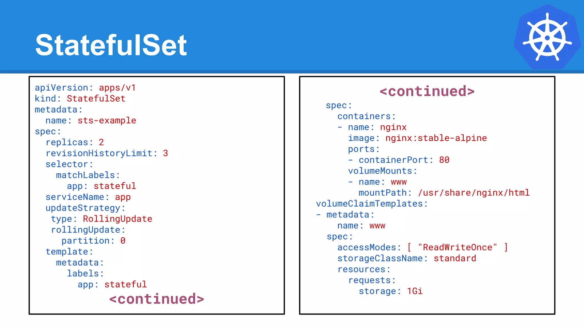 StatefulSet
apiVersion: apps/v1
kind: StatefulSet
metadata:
name: sts-example
spec:
replicas: 2
revisionHistoryLimit: 3
selector:
matchLabels:
app: stateful
serviceName: app
updateStrategy:
type: RollingUpdate
rollingUpdate:
partition: 0
template:
metadata:
labels:
app: stateful
<continued>
<continued>
spec:
containers:
- name: nginx
image: nginx:stable-alpine
ports:
- containerPort: 80
volumeMounts:
- name: www
mountPath: /usr/share/nginx/html
volumeClaimTemplates:
- metadata:
name: www
spec:
accessModes: [ "ReadWriteOnce" ]
storageClassName: standard
resources:
requests:
storage: 1Gi
 