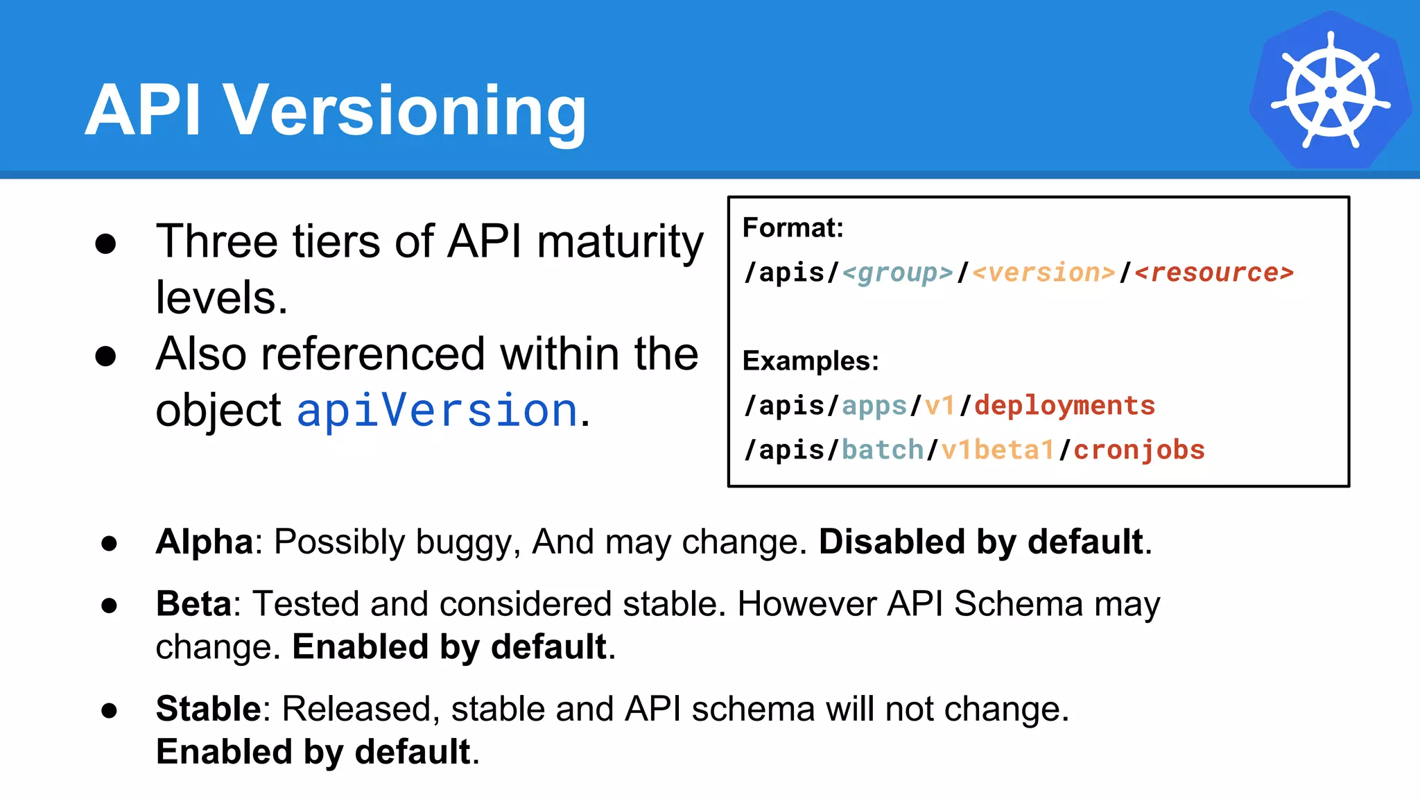 API Versioning
● Three tiers of API maturity
levels.
● Also referenced within the
object apiVersion.
● Alpha: Possibly buggy, And may change. Disabled by default.
● Beta: Tested and considered stable. However API Schema may
change. Enabled by default.
● Stable: Released, stable and API schema will not change.
Enabled by default.
Format:
/apis/<group>/<version>/<resource>
Examples:
/apis/apps/v1/deployments
/apis/batch/v1beta1/cronjobs
 