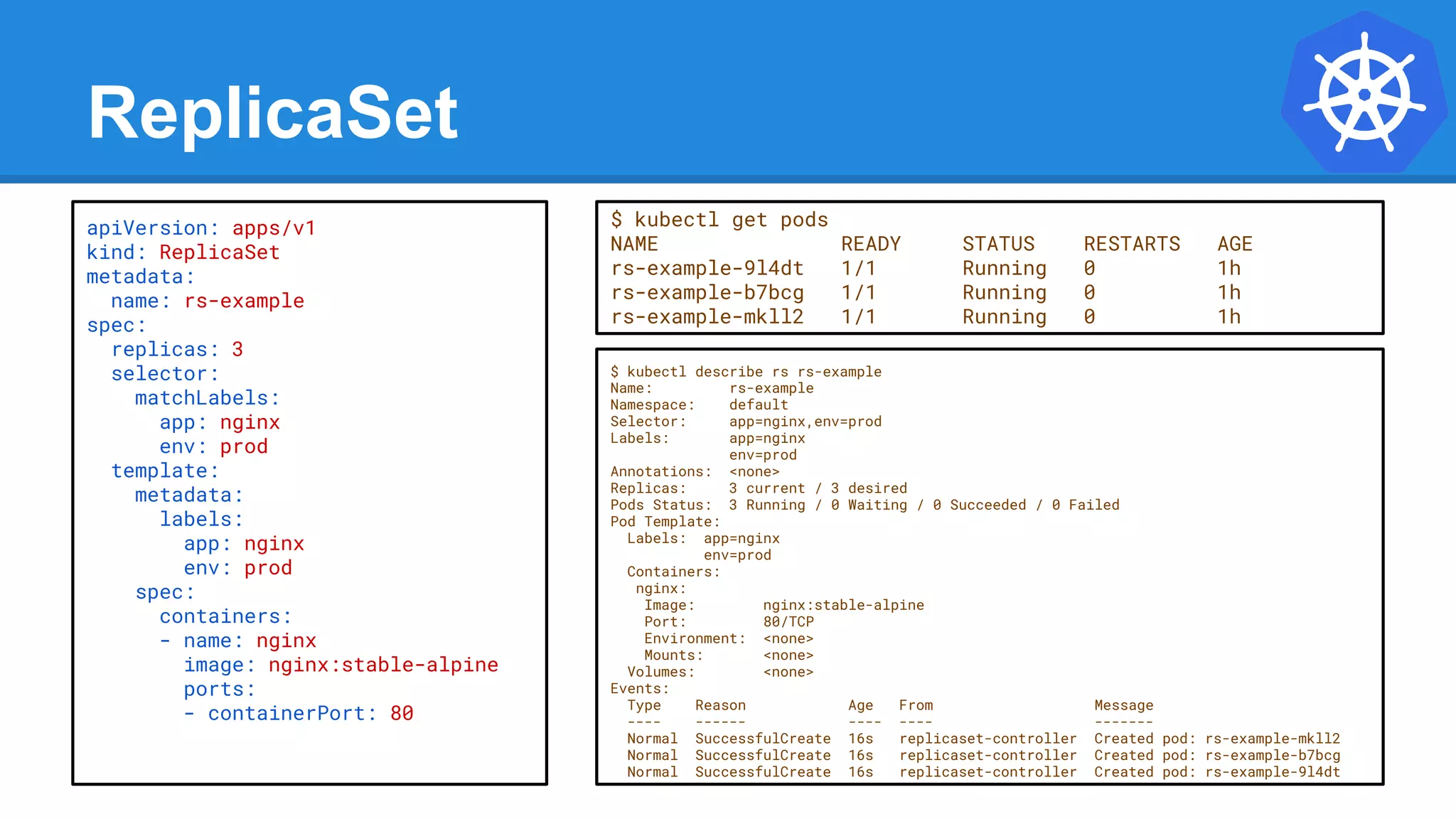 ReplicaSet
$ kubectl describe rs rs-example
Name: rs-example
Namespace: default
Selector: app=nginx,env=prod
Labels: app=nginx
env=prod
Annotations: <none>
Replicas: 3 current / 3 desired
Pods Status: 3 Running / 0 Waiting / 0 Succeeded / 0 Failed
Pod Template:
Labels: app=nginx
env=prod
Containers:
nginx:
Image: nginx:stable-alpine
Port: 80/TCP
Environment: <none>
Mounts: <none>
Volumes: <none>
Events:
Type Reason Age From Message
---- ------ ---- ---- -------
Normal SuccessfulCreate 16s replicaset-controller Created pod: rs-example-mkll2
Normal SuccessfulCreate 16s replicaset-controller Created pod: rs-example-b7bcg
Normal SuccessfulCreate 16s replicaset-controller Created pod: rs-example-9l4dt
apiVersion: apps/v1
kind: ReplicaSet
metadata:
name: rs-example
spec:
replicas: 3
selector:
matchLabels:
app: nginx
env: prod
template:
metadata:
labels:
app: nginx
env: prod
spec:
containers:
- name: nginx
image: nginx:stable-alpine
ports:
- containerPort: 80
$ kubectl get pods
NAME READY STATUS RESTARTS AGE
rs-example-9l4dt 1/1 Running 0 1h
rs-example-b7bcg 1/1 Running 0 1h
rs-example-mkll2 1/1 Running 0 1h
 