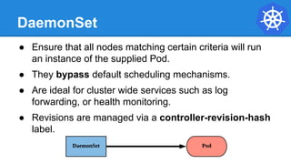 DaemonSet
● Ensure that all nodes matching certain criteria will run
an instance of the supplied Pod.
● They bypass default scheduling mechanisms.
● Are ideal for cluster wide services such as log
forwarding, or health monitoring.
● Revisions are managed via a controller-revision-hash
label.
 