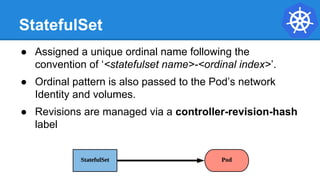 StatefulSet
● Assigned a unique ordinal name following the
convention of ‘<statefulset name>-<ordinal index>’.
● Ordinal pattern is also passed to the Pod’s network
Identity and volumes.
● Revisions are managed via a controller-revision-hash
label
 