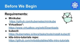Before We Begin
Requirements:
● Minikube:
https://github.com/kubernetes/minikube
● Virtualbox*:
https://www.virtualbox.org/wiki/Downloads
● kubectl:
https://kubernetes.io/docs/tasks/tools/install-kubectl/
● k8s-intro-tutorials repo:
https://github.com/mrbobbytables/k8s-intro-tutorials
 