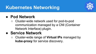 Kubernetes Networking
● Pod Network
○ Cluster-wide network used for pod-to-pod
communication managed by a CNI (Container
Network Interface) plugin.
● Service Network
○ Cluster-wide range of Virtual IPs managed by
kube-proxy for service discovery.
 