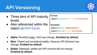 API Versioning
● Three tiers of API maturity
levels.
● Also referenced within the
object apiVersion.
● Alpha: Possibly buggy, And may change. Disabled by default.
● Beta: Tested and considered stable. However API Schema may
change. Enabled by default.
● Stable: Released, stable and API schema will not change.
Enabled by default.
Format:
/apis/<group>/<version>/<resource>
Examples:
/apis/apps/v1/deployments
/apis/batch/v1beta1/cronjobs
 
