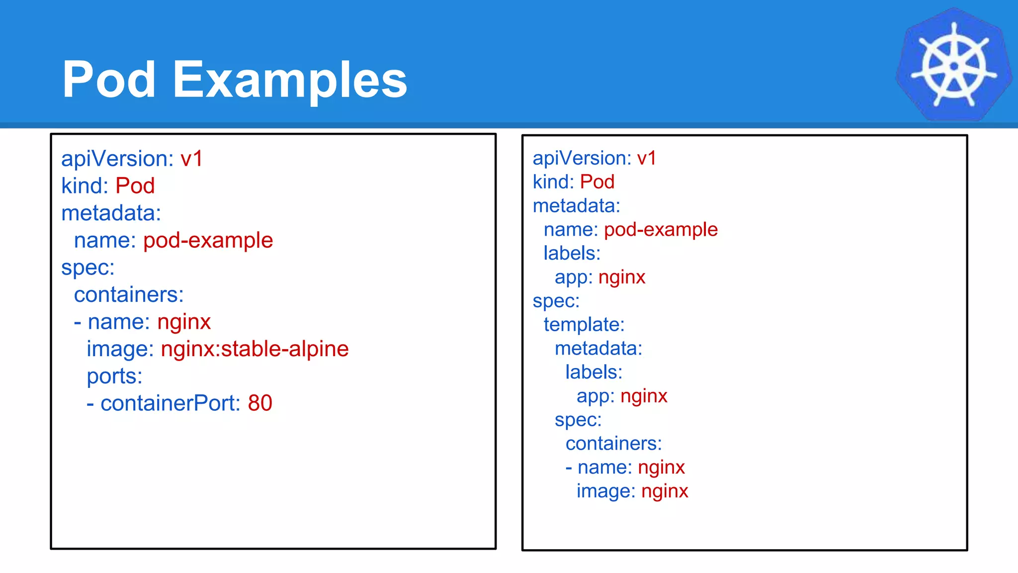 Pod Examples
apiVersion: v1
kind: Pod
metadata:
name: pod-example
labels:
app: nginx
spec:
template:
metadata:
labels:
app: nginx
spec:
containers:
- name: nginx
image: nginx
apiVersion: v1
kind: Pod
metadata:
name: pod-example
spec:
containers:
- name: nginx
image: nginx:stable-alpine
ports:
- containerPort: 80
 