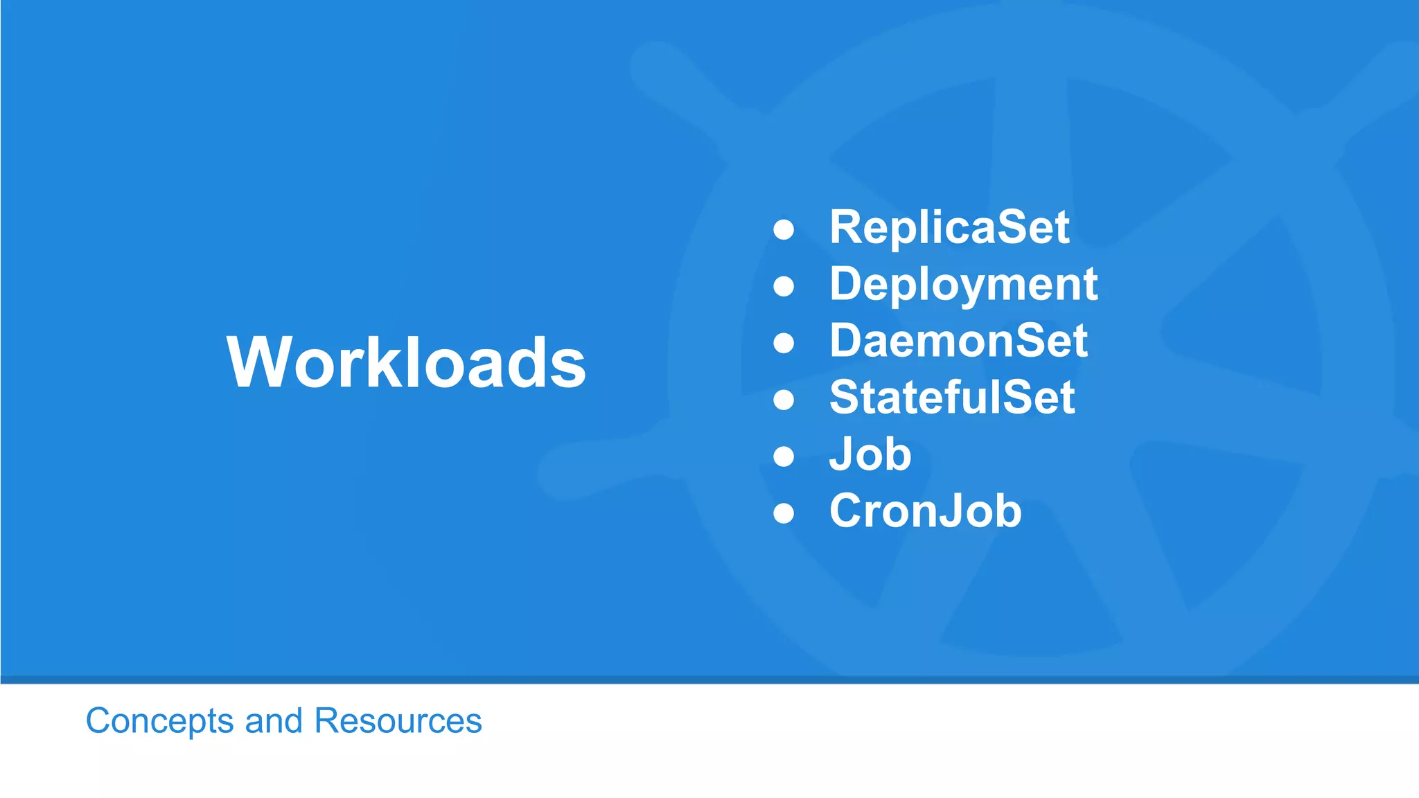 Concepts and Resources
Workloads
● ReplicaSet
● Deployment
● DaemonSet
● StatefulSet
● Job
● CronJob
 