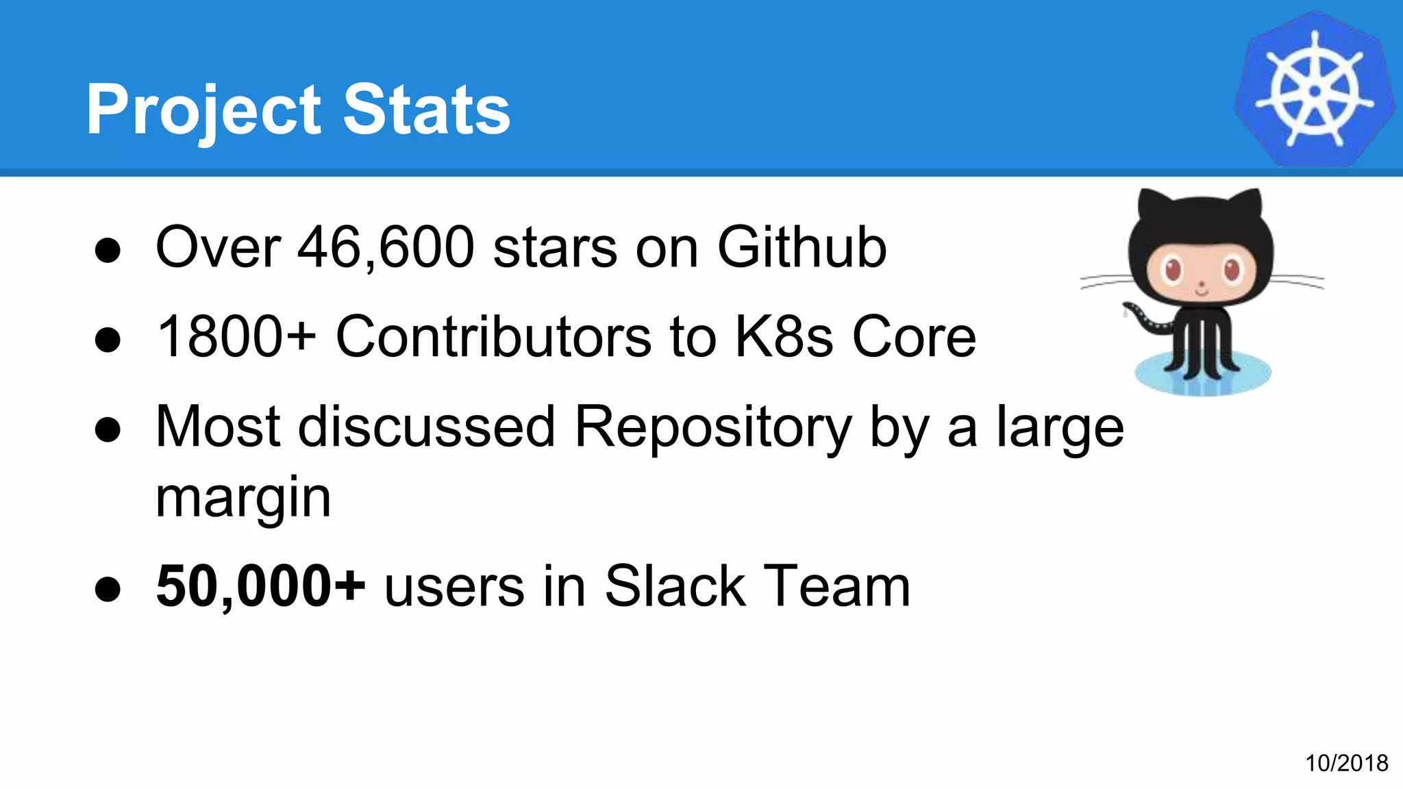 Project Stats
● Over 46,600 stars on Github
● 1800+ Contributors to K8s Core
● Most discussed Repository by a large
margin
● 50,000+ users in Slack Team
10/2018
 