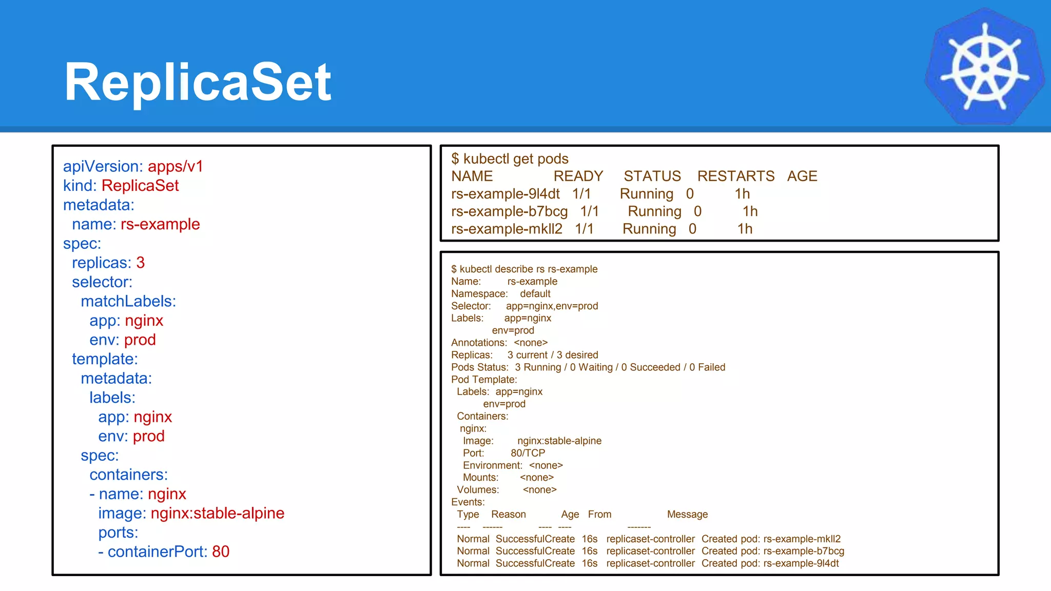 ReplicaSet
$ kubectl describe rs rs-example
Name: rs-example
Namespace: default
Selector: app=nginx,env=prod
Labels: app=nginx
env=prod
Annotations: <none>
Replicas: 3 current / 3 desired
Pods Status: 3 Running / 0 Waiting / 0 Succeeded / 0 Failed
Pod Template:
Labels: app=nginx
env=prod
Containers:
nginx:
Image: nginx:stable-alpine
Port: 80/TCP
Environment: <none>
Mounts: <none>
Volumes: <none>
Events:
Type Reason Age From Message
---- ------ ---- ---- -------
Normal SuccessfulCreate 16s replicaset-controller Created pod: rs-example-mkll2
Normal SuccessfulCreate 16s replicaset-controller Created pod: rs-example-b7bcg
Normal SuccessfulCreate 16s replicaset-controller Created pod: rs-example-9l4dt
apiVersion: apps/v1
kind: ReplicaSet
metadata:
name: rs-example
spec:
replicas: 3
selector:
matchLabels:
app: nginx
env: prod
template:
metadata:
labels:
app: nginx
env: prod
spec:
containers:
- name: nginx
image: nginx:stable-alpine
ports:
- containerPort: 80
$ kubectl get pods
NAME READY STATUS RESTARTS AGE
rs-example-9l4dt 1/1 Running 0 1h
rs-example-b7bcg 1/1 Running 0 1h
rs-example-mkll2 1/1 Running 0 1h
 