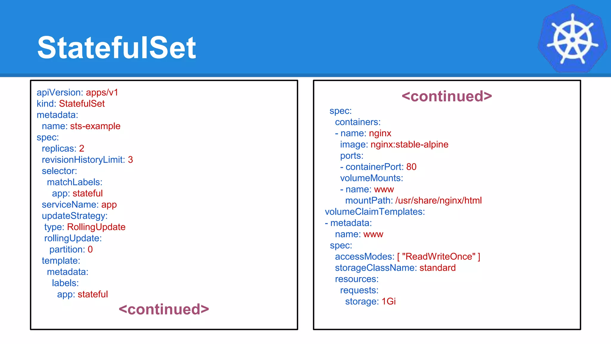 StatefulSet
apiVersion: apps/v1
kind: StatefulSet
metadata:
name: sts-example
spec:
replicas: 2
revisionHistoryLimit: 3
selector:
matchLabels:
app: stateful
serviceName: app
updateStrategy:
type: RollingUpdate
rollingUpdate:
partition: 0
template:
metadata:
labels:
app: stateful
<continued>
<continued>
spec:
containers:
- name: nginx
image: nginx:stable-alpine
ports:
- containerPort: 80
volumeMounts:
- name: www
mountPath: /usr/share/nginx/html
volumeClaimTemplates:
- metadata:
name: www
spec:
accessModes: [ "ReadWriteOnce" ]
storageClassName: standard
resources:
requests:
storage: 1Gi
 