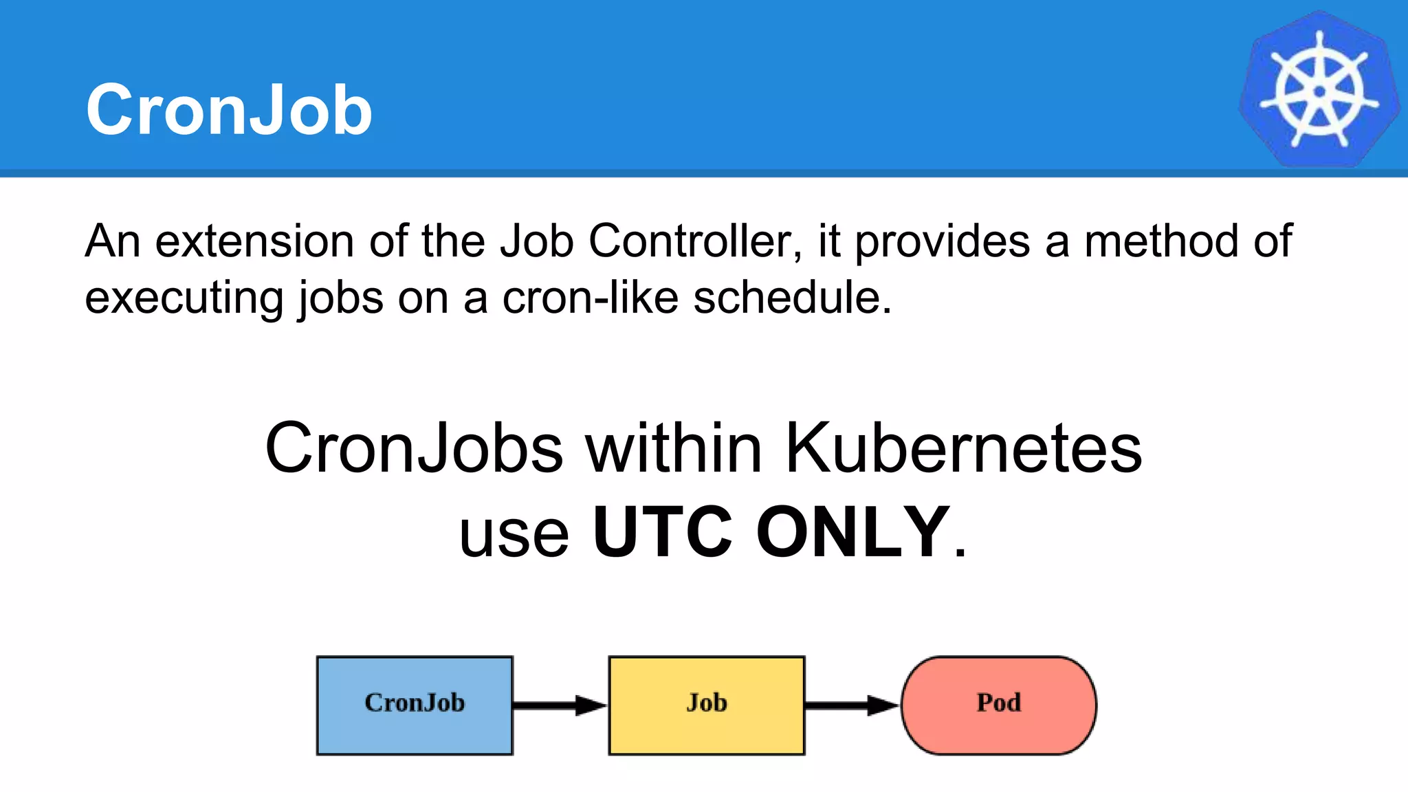 CronJob
An extension of the Job Controller, it provides a method of
executing jobs on a cron-like schedule.
CronJobs within Kubernetes
use UTC ONLY.
 