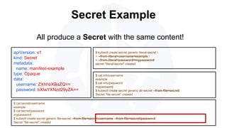 Secret Example
apiVersion: v1
kind: Secret
metadata:
name: manifest-example
type: Opaque
data:
username: ZXhhbXBsZQ==
password: bXlwYXNzd29yZA==
$ kubectl create secret generic literal-secret 
> --from-literal=username=example 
> --from-literal=password=mypassword
secret "literal-secret" created
$ cat secret/username
example
$ cat secret/password
mypassword
$ kubectl create secret generic file-secret --from-file=secret/username --from-file=secret/password
Secret "file-secret" created
All produce a Secret with the same content!
$ cat info/username
example
$ cat info/password
mypassword
$ kubectl create secret generic dir-secret --from-file=secret/
Secret "file-secret" created
 