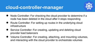 cloud-controller-manager
● Node Controller: For checking the cloud provider to determine if a
node has been deleted in the cloud after it stops responding
● Route Controller: For setting up routes in the underlying cloud
infrastructure
● Service Controller: For creating, updating and deleting cloud
provider load balancers
● Volume Controller: For creating, attaching, and mounting volumes,
and interacting with the cloud provider to orchestrate volumes
 